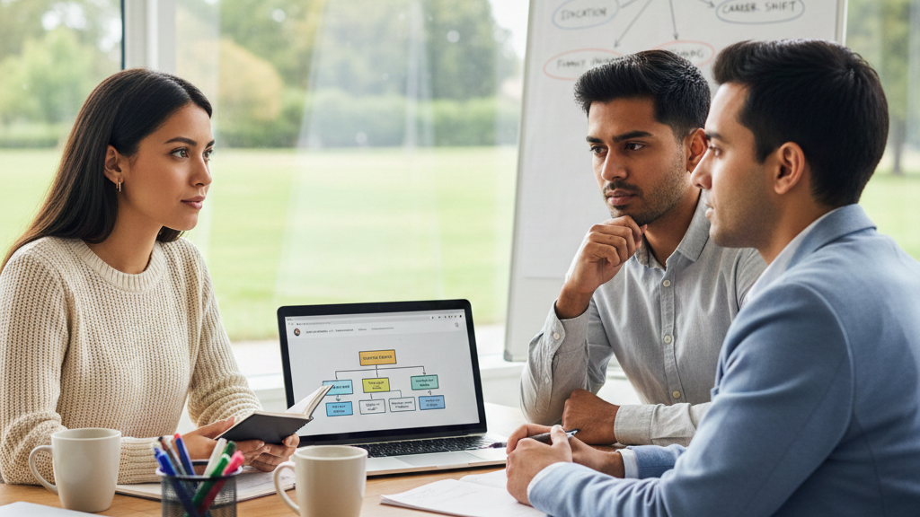 An experienced female guidance counselor, seated at a modern table, provides career and educational guidance counseling to two adult male clients. A laptop shows a visual goal-setting chart, emphasizing professional and personal development.