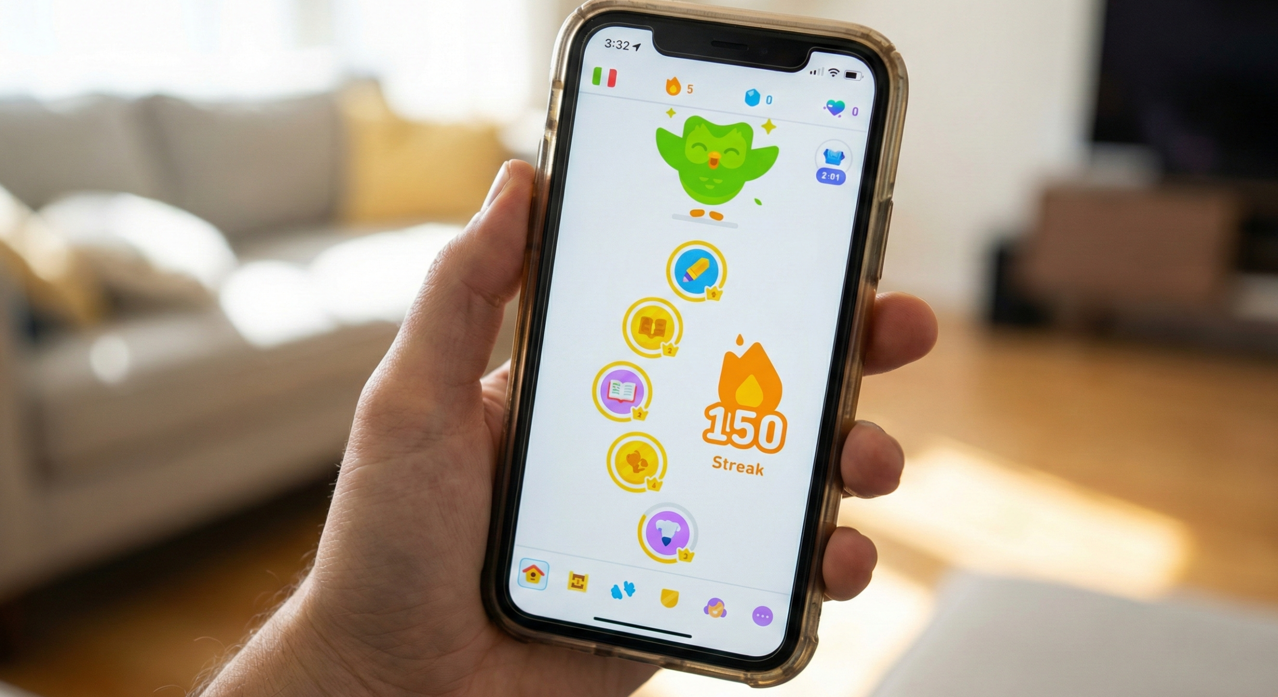 A screenshot of the Duolingo path interface showing the owl and a streak counter