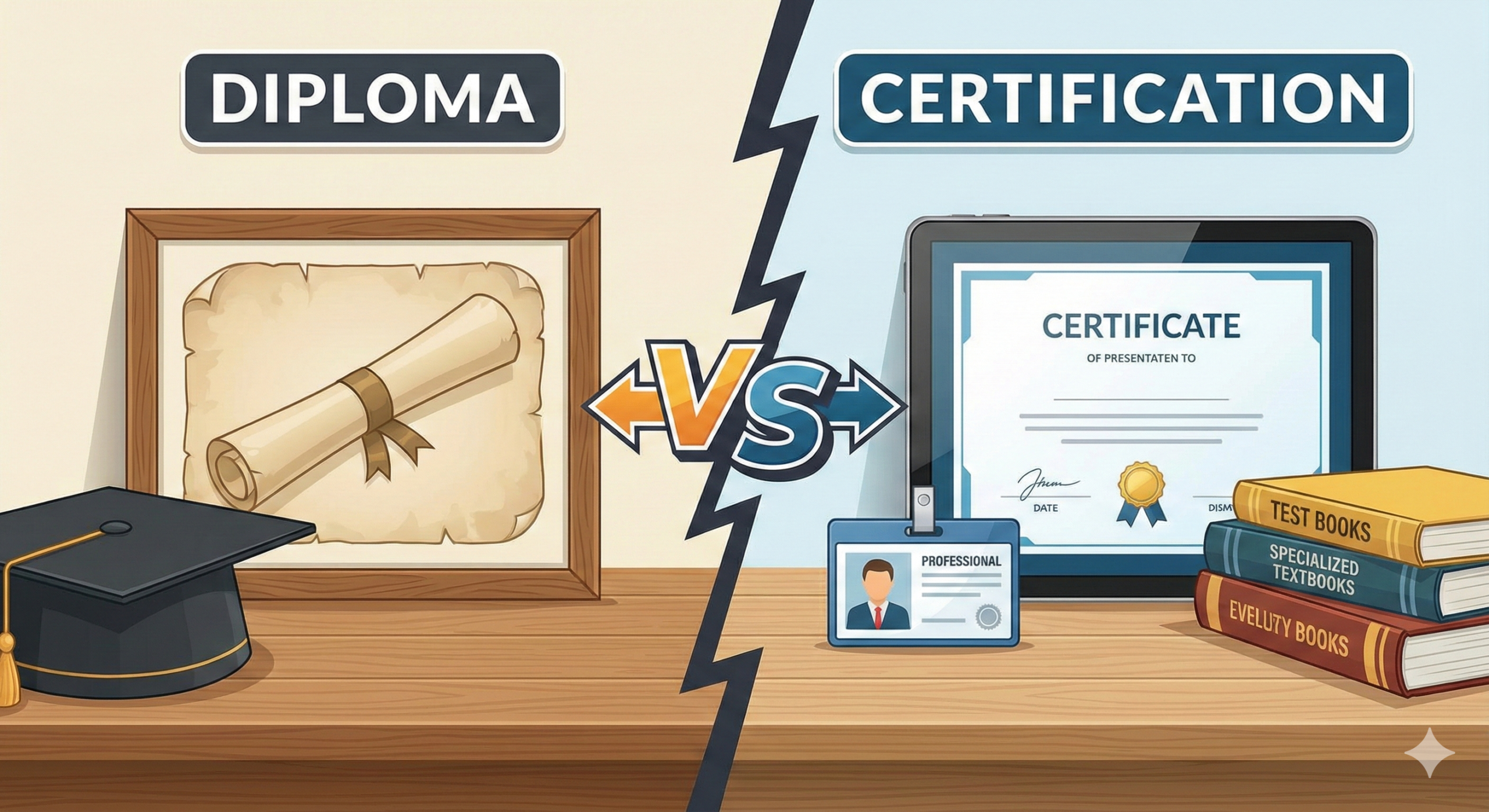 Comparative illustration showing the contrast between a diploma (framed scroll and graduation cap) and a certification (certificate displayed on a digital tablet, professional ID badge, and stack of test books). A prominent "VS" arrow separates the two concepts.