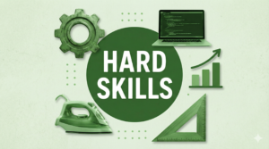 Alternative Text (Alt Text): An infographic illustration in shades of green, featuring a central circle with white text that reads "HARD SKILLS".