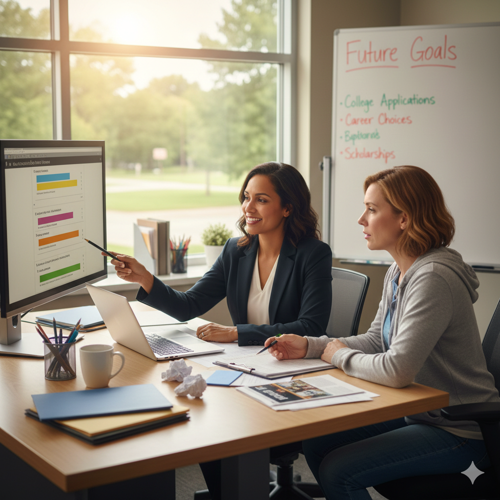 Professional guidance counseling session showing a counselor discussing career shift and future goals with two adult clients.