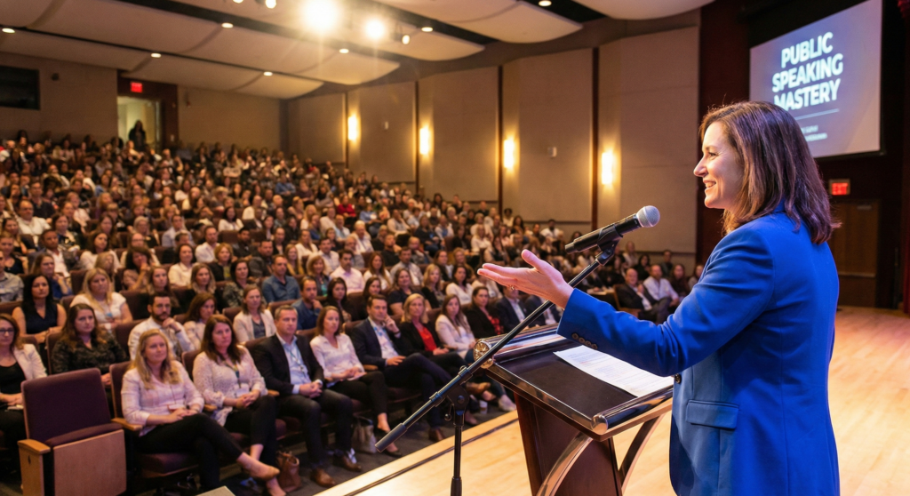 Public Speaking Courses ; A confident speaker standing on a stage with a microphone, gesturing to an engaged audience in a well-lit auditorium.