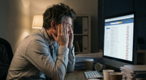 A professional looking stressed at a computer, representing the frustration of modern job hunting strategies