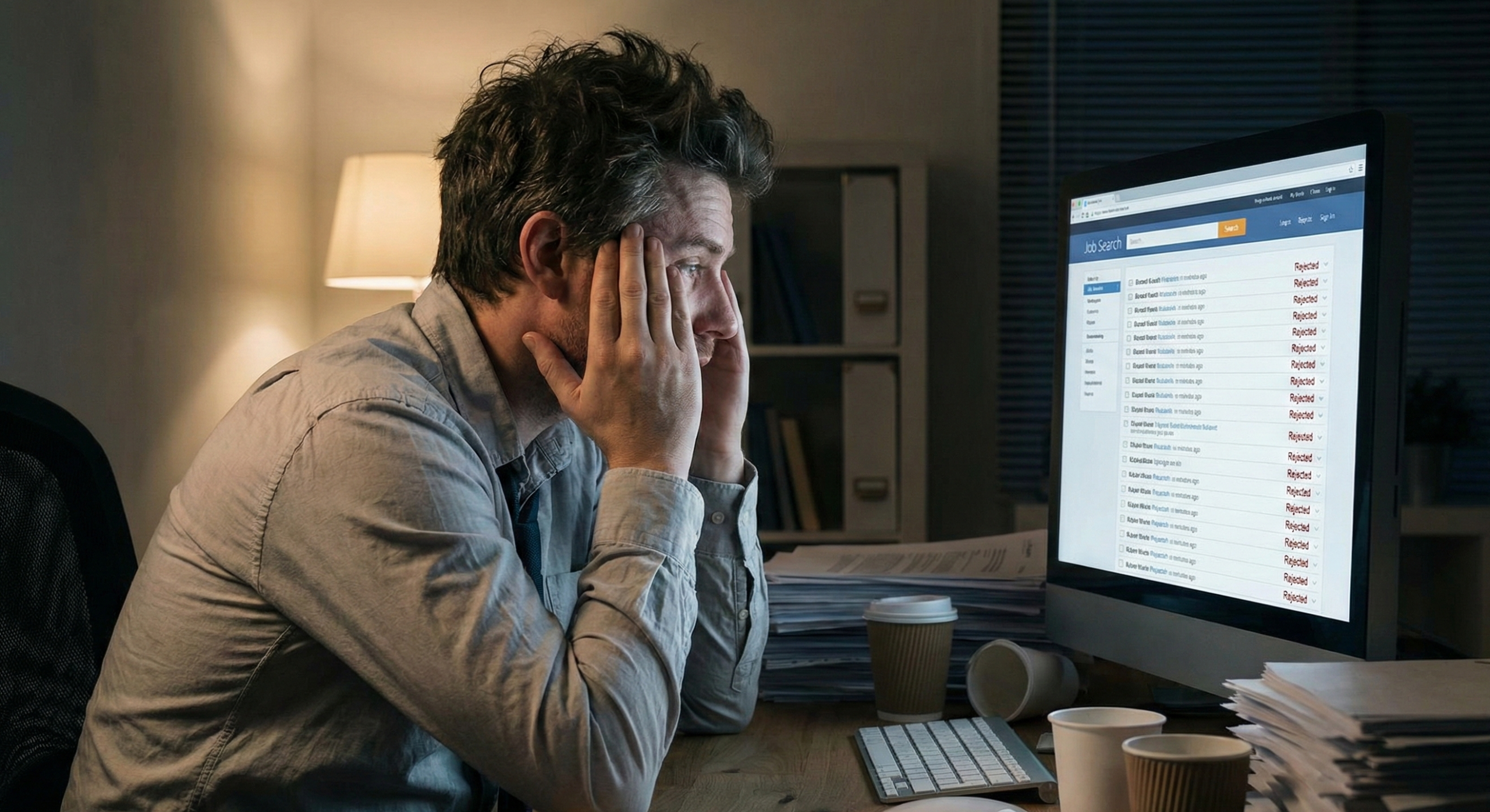 A professional looking stressed at a computer, representing the frustration of modern job hunting strategies