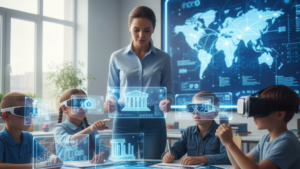 Modern classroom showing innovative teaching methods in 2026 with a teacher using a holographic tablet and diverse students engaged in immersive learning using VR headsets and smart glasses.