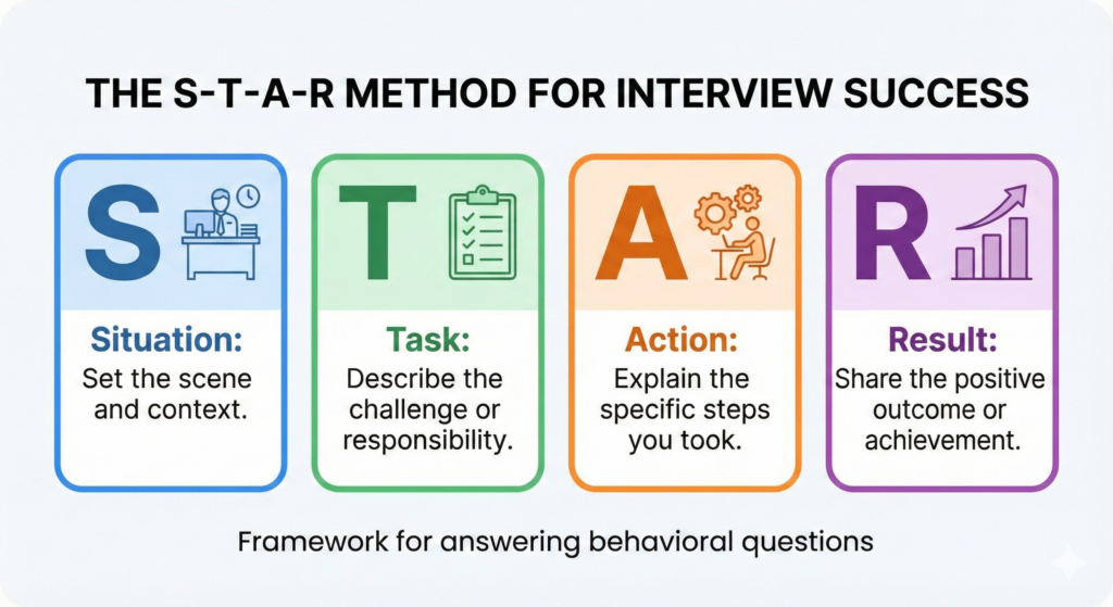 STAR method infographic to help prepare for interview questions.