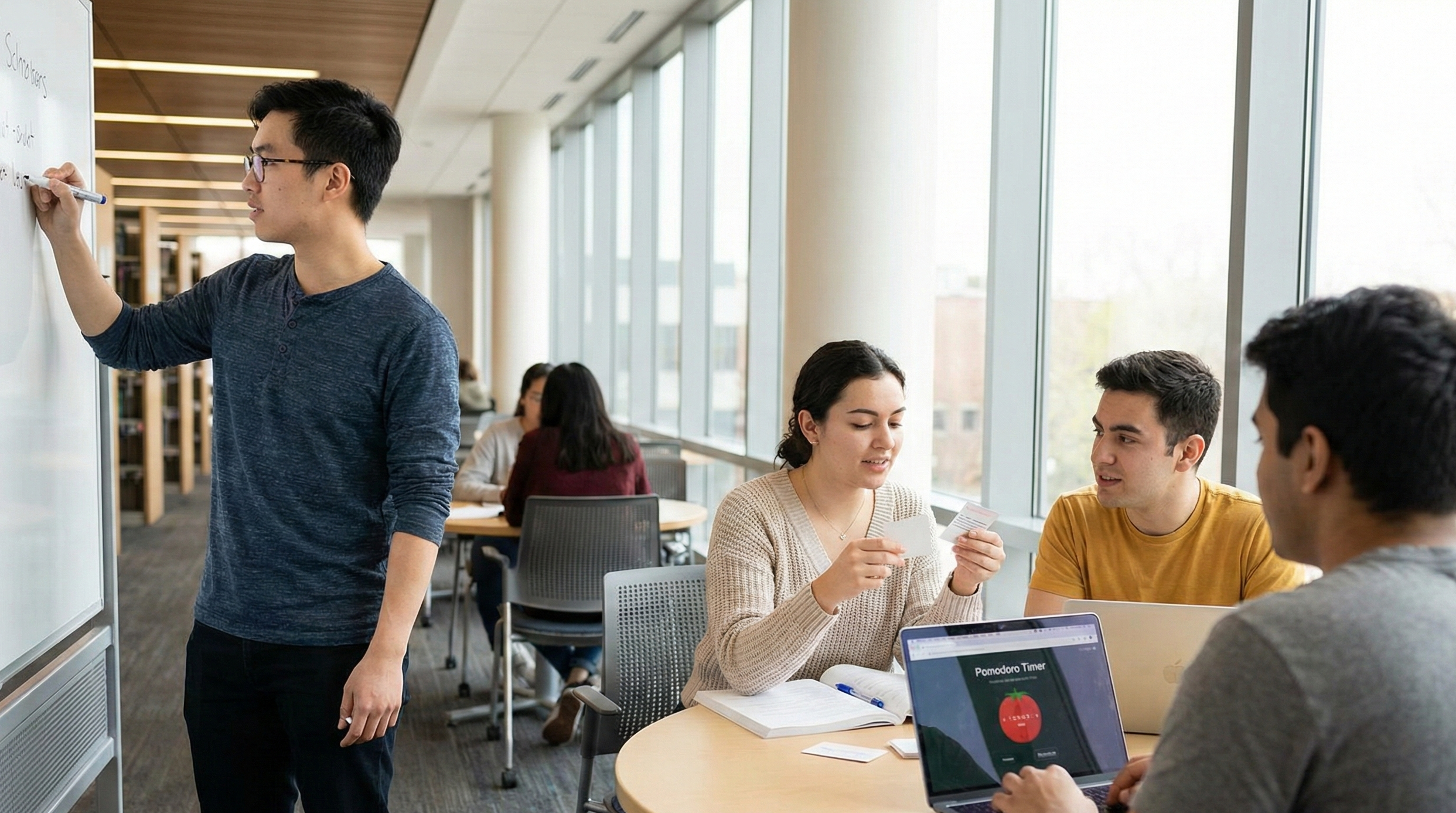 Group of university students in a modern, sunlit library collaborating using science-backed study methods for exams, including active recall with flashcards, writing on a whiteboard, and using a Pomodoro technique timer on a laptop